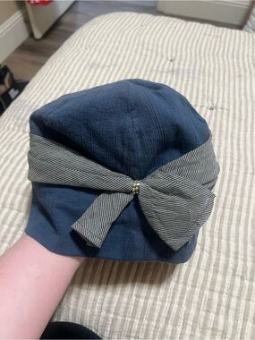 Grace Navy Hat with Black-and-White Striped Bow